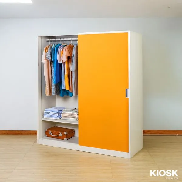 KIOSK ตู้เสื้อผ้าเหล็กบานเลื่อน รุ่น SDS-160K 160 ซม. พร้อมราวแขวน