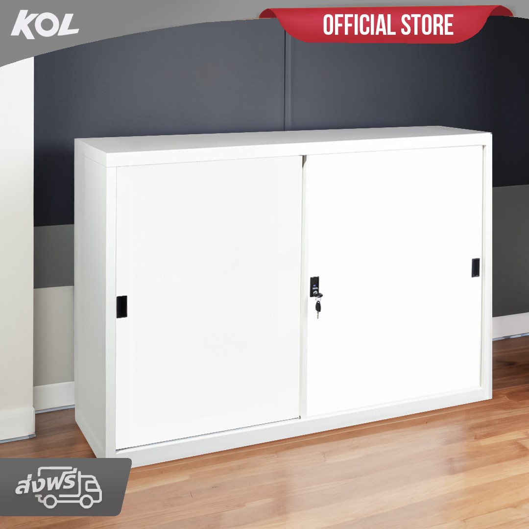 KOL 4-Foot Solid Sliding Cabinet with 3 Adjustable Shelves and Lock