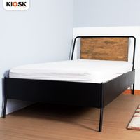Steel bed 3.5 feet, headboard upholstered in Neem wood.-1