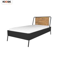 Steel bed 3.5 feet, headboard upholstered in Acacia wood.-3